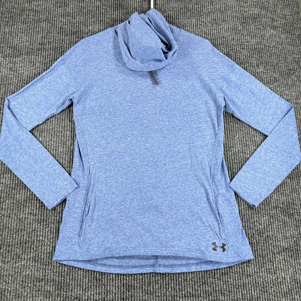 Under Armour Pullover Shirt Womens Medium Blue Long Sleeve Hooded Loose Fit Heat